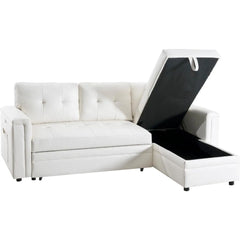 Sofa Bed with USB Ports, L-Shaped Convertible Pull-Out Couch with Reversible Chaise & Storage, Air Leather