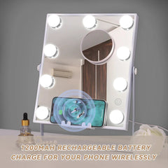 Lighted Vanity Mirror with Bluetooth Speaker & Wireless Charging, 3 Color Modes, 9 Dimmable Bulbs