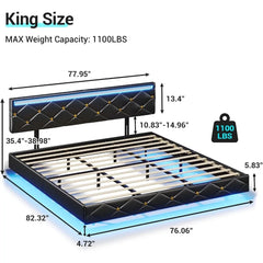 King Size Floating Bed Frame with LED Lights & USB Ports, Faux Leather Upholstered Platform Bed