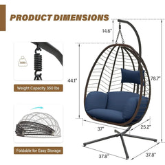 Egg Swing Chair Wicker Rattan Hanging Chair with Stand 350lbs Capacity W/Strong Frame & Dark Blue Cushions, Hammocks