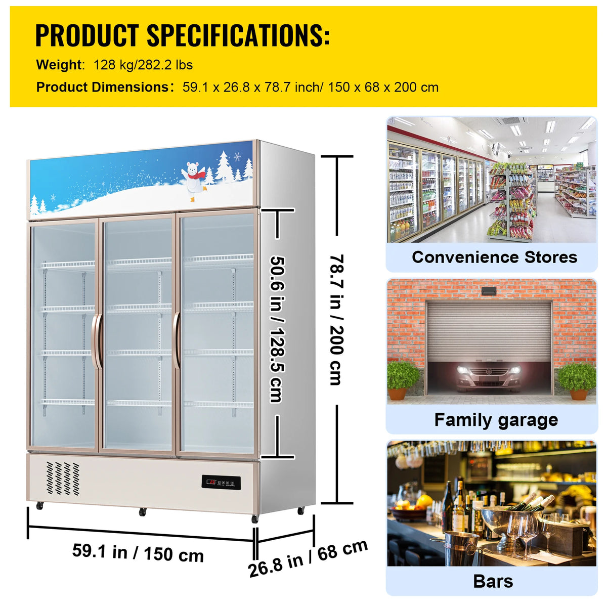 SucceBuy Triple Swing Door Commercial Refrigerator Display Fridge Upright Beverage Cooler Glass Door with LED Light
