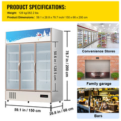 SucceBuy Triple Swing Door Commercial Refrigerator Display Fridge Upright Beverage Cooler Glass Door with LED Light