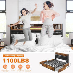 Queen Bed Frame with 4 Storage Drawers and Upholstered Headboard Meal Bed Frame Queen Size Built in Charging Station,Noise Free