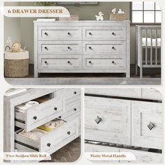 2-Piece Bedroom Set, Queen Bed Frame and 6 Drawer Dresser, Platform Bed with 51.2" LED Bookcase Headboard & 4 Under-Bed Drawers