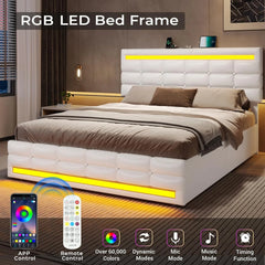 Queen Bed Frame with Drawers, LED Bed Frame with Charging Station, Pu Leather Platform Bed Frame Queen Size with Storage