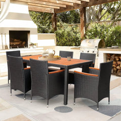 7 Piece Patio Dining Set Outdoor Acacia Wood Table and Chairs with Soft Cushions Wicker Patio Furniture for Deck,Backyard,Garden