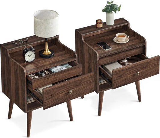 Nightstands, Set of 2, Bedside Tables with Hidden Drawers, Mid-Century End Side Tables with Solid Wood Legs, for Bedroom,