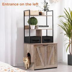 Litter Box Enclosure with 2 Storage Shelves and 2 Drawers, 2-in-1 Hidden Cat Litter Box Enclosure Furniture with Shelf