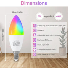 4Pack Smart Light Bulbs WiFi&Bluetooth E12 Smart Bulbs That Work with Alexa Google Home RGBCW 2700-6500K Color Changing 5W 450LM