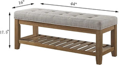 Bench, Large Rectangular Upholstered Tufted Linens Fabric Ottoman Benches, Padded Benches with Solid Wood Shelf-Linen, Bench