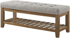 Bench, Large Rectangular Upholstered Tufted Linens Fabric Ottoman Benches, Padded Benches with Solid Wood Shelf-Linen, Bench