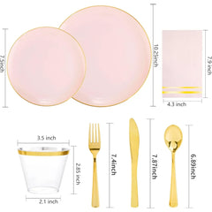 350PCS Pink and Gold Plastic Plates - Pink Disposable Plastic Dinnerware Set, Disposables Party Tableware