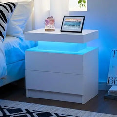 Nightstand LED Bedside Table for Bedroom Modern Night Stand with 2 Wood Drawers End Side Table for Bedroom
