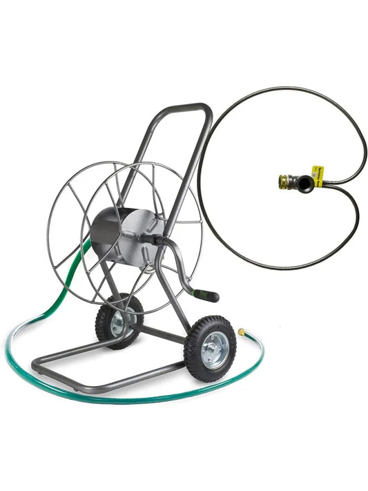 Hose Reel Cart with Wheels Heavy Duty 200 Foot Metal Hose Reel - IHT-2EZ with 3/4-Inch Lawn Sprinkler Stand, Adjustable Metal