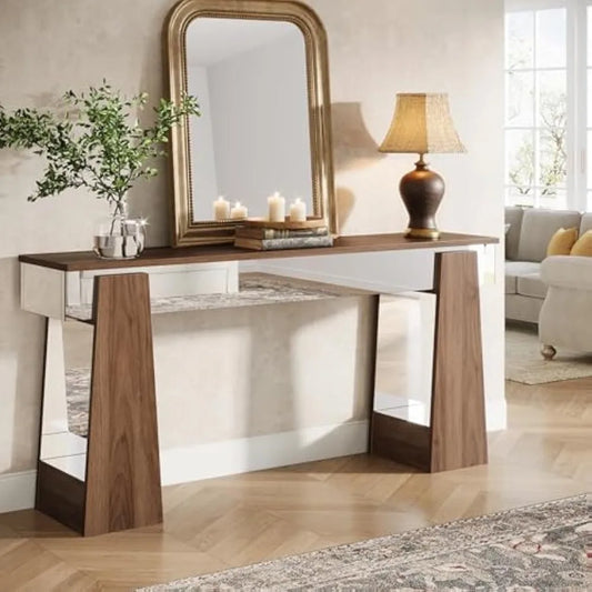 Mirrored Console Table, Farmhouse Entryway Table with Thickened Legs, 63-Inch Narrow Long Behind Couch Sofa Table