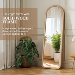 63"x18" Arched Full Length Mirror with Solid Wood Frame, Wooden Floor Mirror with Stand, Leaning/Hanging Full Body Mirror