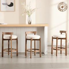 Mid Century Modern Bar Stools Set of 2, Counter Stools with Back, Linen Upholstered Barstools with Solid Wood Legs Bar Chairs