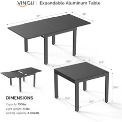 Aluminum Expandable Patio Dining Table for 4-8 Persons(L 35.5"-72"), Black Metal Extendable Outdoor Dining Table, Rectangle Pat