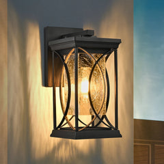 14"(H) 1-pack Black Outdoor Wall Lantern with Crackled Glass, Weather-Resistant Exterior Light Fixture (Bulb Not Included)