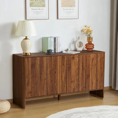 Sideboard Buffets Cabinet, Modern Accent Storage Cabinet with 4 Fluted Doors and Adjustable Shelves, Wood Credenza Buffet Sidebo