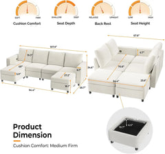 Storage Modular Sectional Sofa Sleeper with USB Charger, Convertible Couch Bed with Ottomans