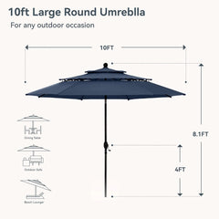 10ft Patio Umbrellas, Outdoor 3 Tier Vented Large Market Table Umbrella with 8 Sturdy Ribs and 1.5" Umbrellla Pole