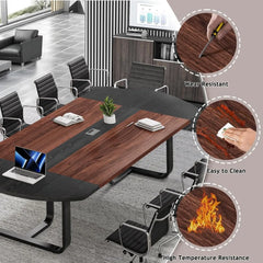 8FT Conference Table for 10 People, 94.5D x 47.3W x 29.5H Inches Large Boat Shaped Meeting Table with Cable Grommet,