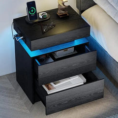 Night Stand Set of 2, Modern White Nightstand with with Charging Station, Bedside Tables with LED Light and Drawers, End Table