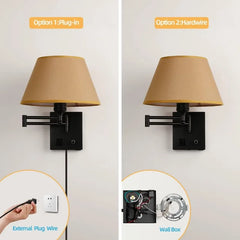 Swing Arm Wall Sconces, Plug-in Wall Lamp,Bedroom Wall Lamp ， White Fabric Shade with Dimmable Switch and USB Charging