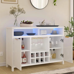 Fluted Home Bar Wine Cabinet with LED Light, Charging Station, Wine Rack - Buffet Cabinet with Storage, Coffee Bar Table