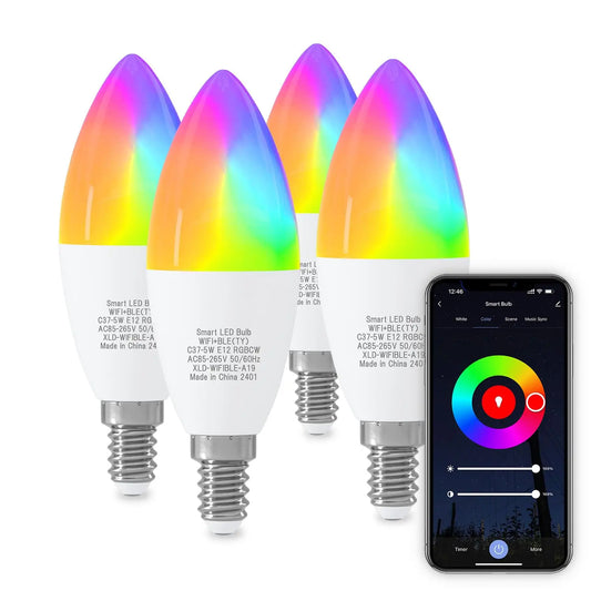 4Pack Smart Light Bulbs WiFi&Bluetooth E12 Smart Bulbs That Work with Alexa Google Home RGBCW 2700-6500K Color Changing 5W 450LM