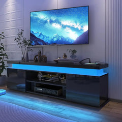 Modern Gaming TV Stand with RGB LED Lights & Power Outlet – 74” High Gloss Entertainment Center