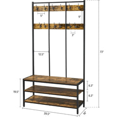 Hall Tree Entryway Coat Rack with Bench, Large Hall Tree with Wooden Shoe Storage & 24 Hooks for Entryway, Sturdy Meta