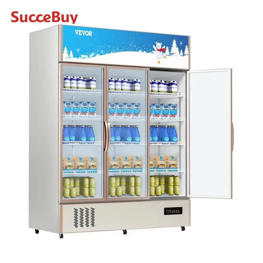 SucceBuy Triple Swing Door Commercial Refrigerator Display Fridge Upright Beverage Cooler Glass Door with LED Light