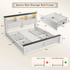 EnHomee Queen Bed Frame with Headboard and Storage, 4 Drawers & LED & USB Bed Frame Queen Size with Storage Farmhouse, Built in
