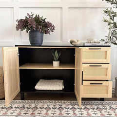Rattan Cabinet with Doors - Buffet Sideboard Cabinet with Drawers Credenza, 3 Door Storage Cabinet