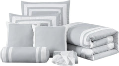 Collection Caprice Silver/White Comforter Set Full Size, 7-Piece Square Pattern Hotel Style Bedding Set for All Seasons