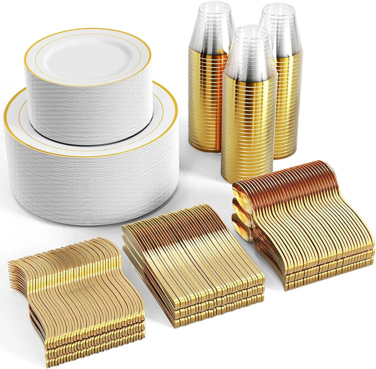 600 Plastic Disposable Tableware Set for 100 Guests, Including 100 Dinner Plates, 100 Salad Plates, 100 Cups, 100 Silverware Set