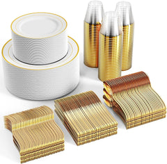600 Plastic Disposable Tableware Set for 100 Guests, Including 100 Dinner Plates, 100 Salad Plates, 100 Cups, 100 Silverware Set