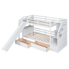 Wood Twin Over Twin Bunk Bed with Desk and Slide,Drawers Bookcase and Storage Staircase for Kids, White