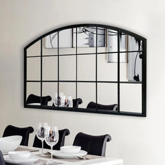 Black Grid Wall Mirror,Wide Window Pane Black Mirror,Farmhouse Arched Wall Mirror,Mantel Mirror for Fireplace/Entryway/H