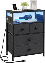 Nightstand with Charging Station, Bedside Table with 4 Drawers and 2-Tier Shelf, Modern End Table with Wooden Top for Bedroom,
