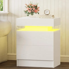 Night Stand Set of 2, Modern White Nightstand with with Charging Station, Bedside Tables with LED Light and Drawers, End Table