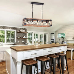 Farmhouse Kitchen Island Lighting, 5-Light Dining Room Light Fixture, Farmhouse Linear Chandelier with Solid Wood for Dining Ro