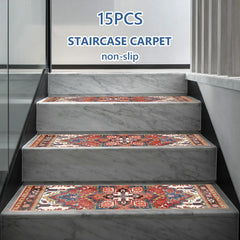15PCS Carpet Stair Treads Set Self-adhesive Backing Non Slip Rug Tread Reusable Indoor Stair Rugs Bohemian for Dogs Kids & Elder