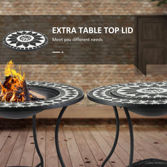30" Wood Burning Fire Pit & Outdoor Ice Bucket Side Table, Steel, Lid, Mosaic