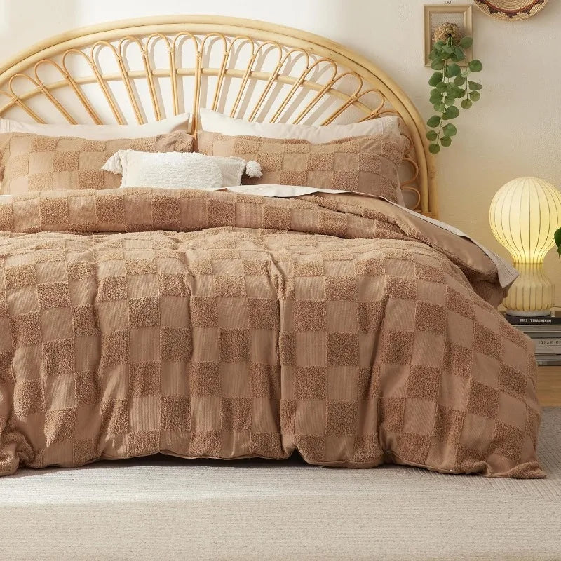 Boho Duvet Cover King Size - Checkered King Duvet Cover Set for All Seasons, 3 Pieces Soft Shabby Chic Embroidery Boho Bedding