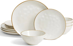 Dinnerware Sets for 4, Ocean Round 12-Piece Kitchen Plates and Bowls Sets, Reactive Glaze, Microwave and Dishwasher Safe,
