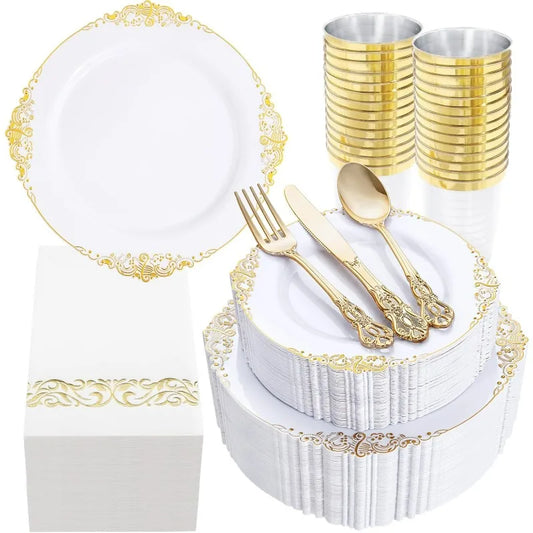 700PCS Plastic Disposable Tableware Set for 100 Guest - 200 Disposable Plates, 300 Plastic Silverware, 100 Cups, 100 Napkins