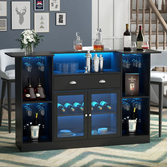 Bar Table Cabinet with LED & Drawer, Mini Liquor Bar with 8-Tier Storage & Stemware Holder（Black）